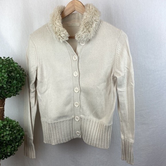 Cashmere Blend Ivory Fur Collar Knit Long Sleeve Vintage Knit Cardigan Sweater - Picture 2 of 8